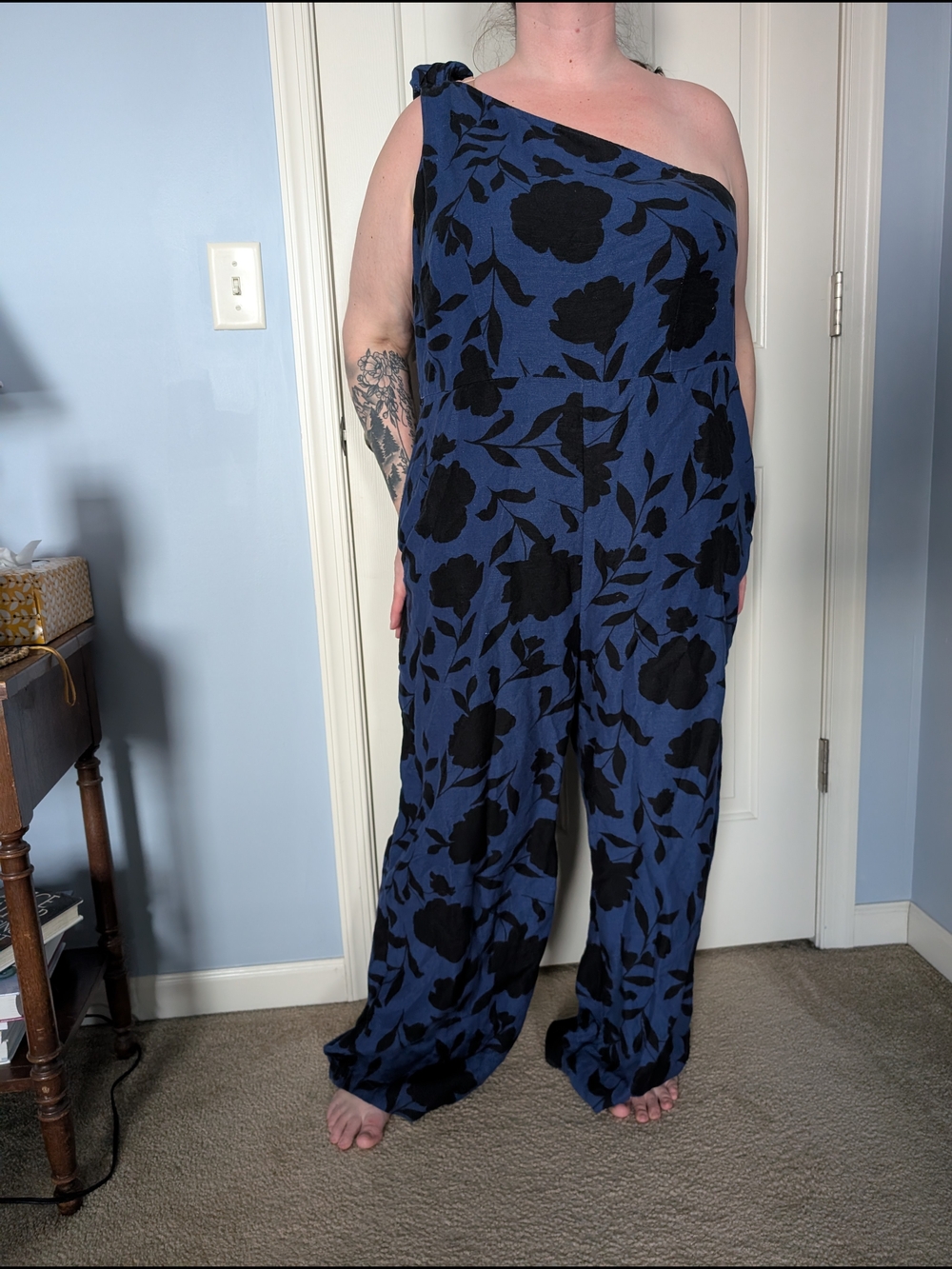 Kate Spade One-Shoulder Navy Jumpsuit with Black Floral Print